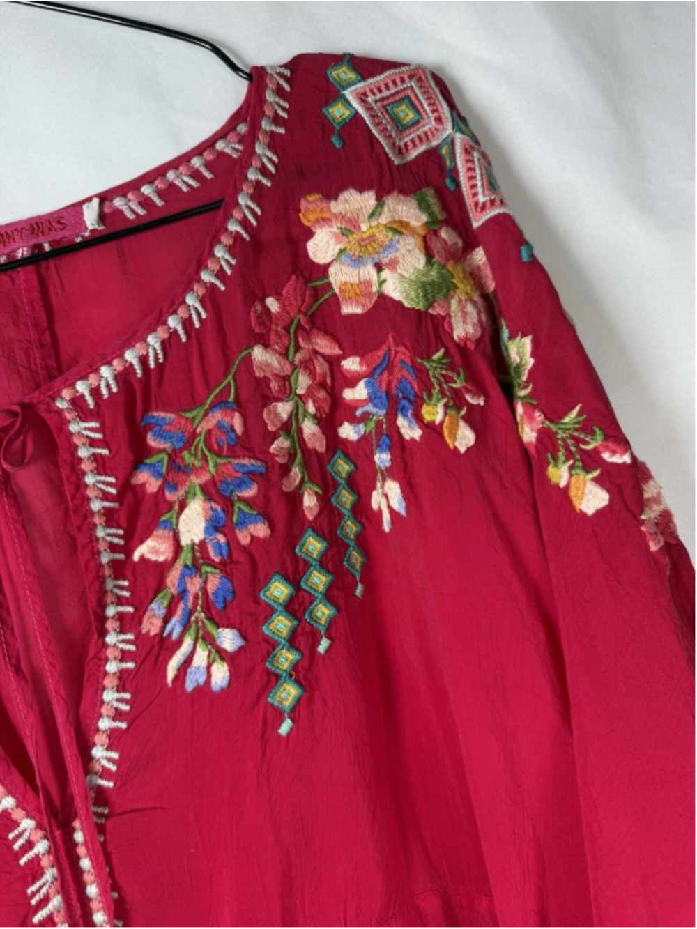 Johnny Was Red Floral Embroidered Tie Yoke Neck Tunic Top Blouse 2X Geometric - Picture 6 of 9